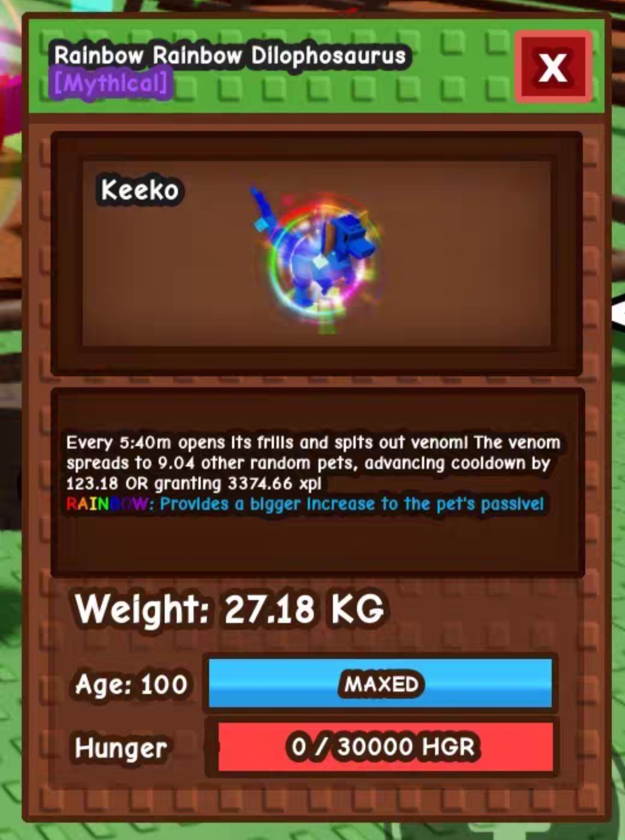 MMOJUGG Grow A Garden Rainbow Rainbow Dilophosaurus 60kg+ Details View of Item Function and Use