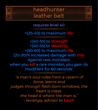 MMOJUGG Path of Exile Headhunter Details View of Item Function and Use