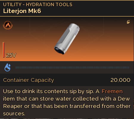 MMOJUGG Dune Awakening 100000ml + Literjon Mk6 * 5 Details View of Item Function and Use