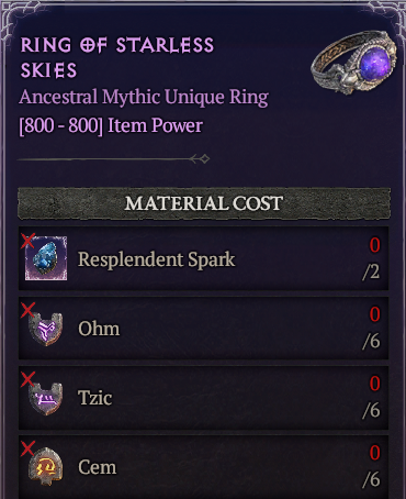 MMOJUGG Diablo 4 [Crafting Mythic] Ring of Starless Skies : (6 Ohm+6 Tzic+6 Cem)---No Spark Details View of Item Function and Use
